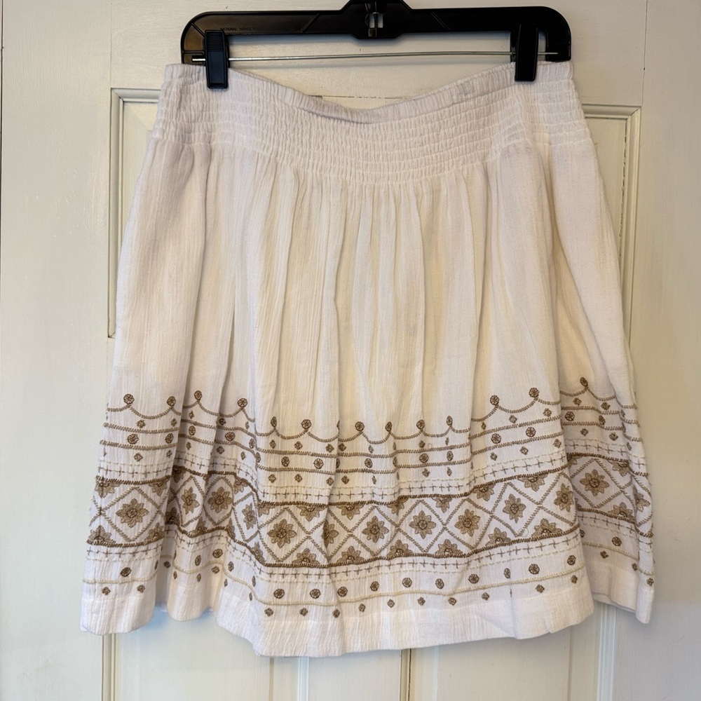 J. Jill White Cotton A-Line Skirt with Tan Embroidery